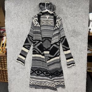 Mudd Cardigan Sweater Womens M Long Gray Black Hooded Knit Aztec Western Nomad